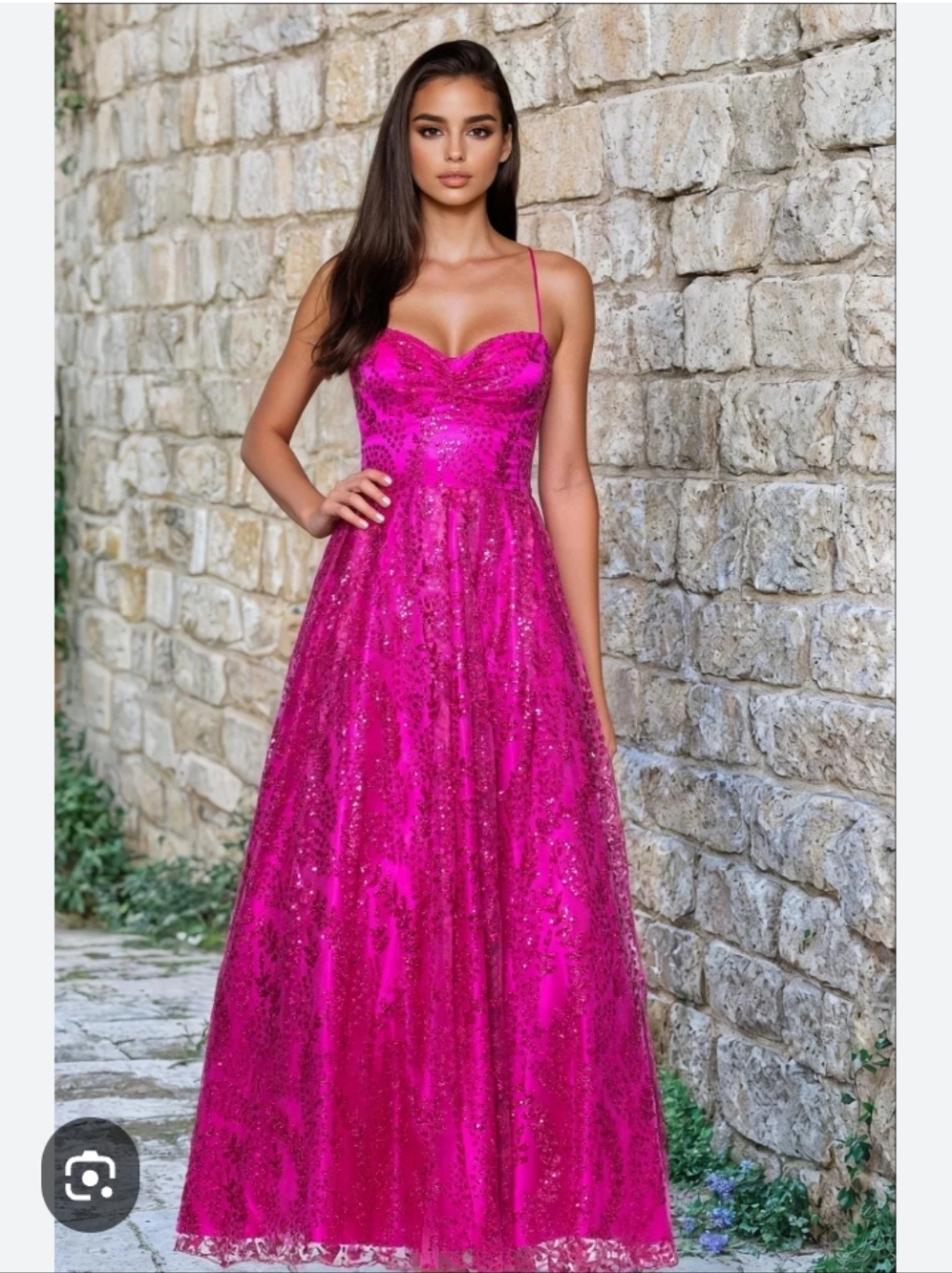 Fuchsia Sequin A-Line Evening Dress with Spaghetti Straps